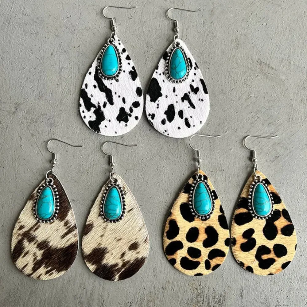 Cheetah Print Leather Cowhide Suede & Turquoise Fishhook Earrings NWOT - Picture 1 of 1
